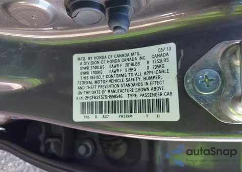 2013 Honda Civic Lx z USA, uszkodzony, nr VIN 2HGFB2F57DH558546